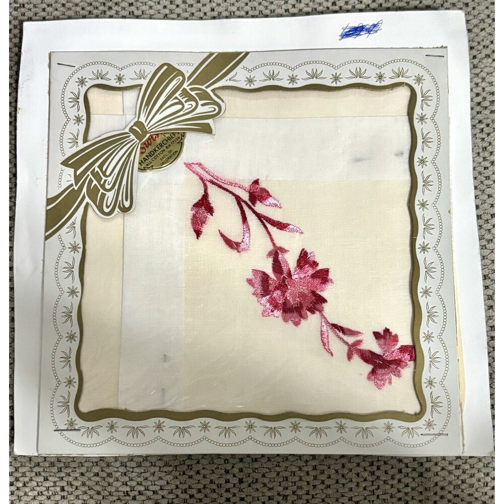 Vintage Swiss Cotton Handkerchief Pink Floral Embroidered Hankie Original Card